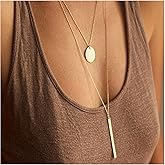 Andelaisi Boho Sequin Necklace Layered Metal Bar Pendant Necklace Vintage Long Necklaces Chain Coin Disc Necklace Jewelry for Women