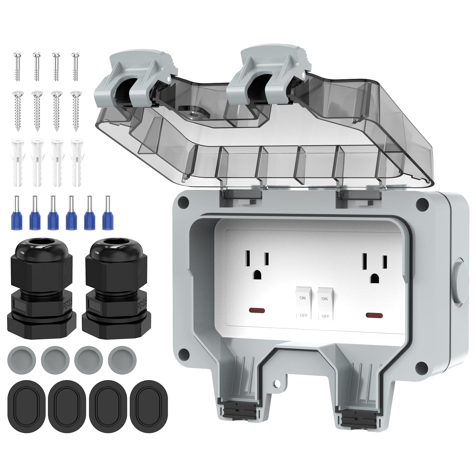 Photo 1 of Outdoor Outlet Box, IP66 Waterproof Outdoor Outlet Box with Lockable Cover & LED Indicator (Double Plug Socket)
