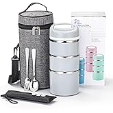 Lille Home Stackable Stainless Steel Thermal Compartment Lunch/Snack Box, 3-Tier Insulated Bento/Food Container with Lunch Bag, Utensils Set and Three Extra Seals, 43OZ (Gray)
