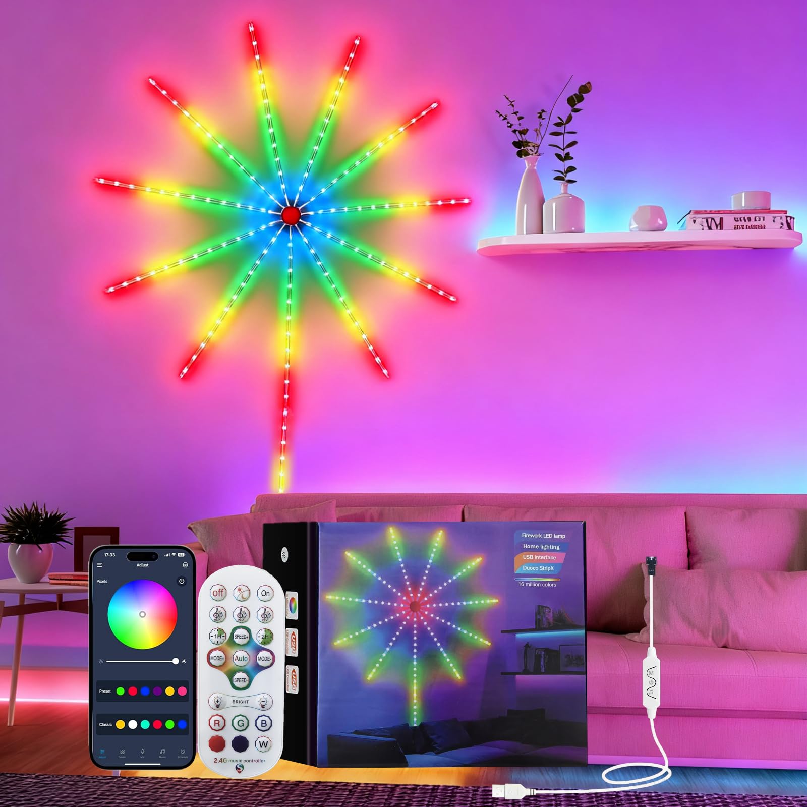 Photo 1 of ***(PARTS ONLY/ NON FUNCTIONAL)***Smart Firework Led Lights, LED Strip Light with Remote App & Timer, Color Changing Music Sound Activated Sync Strip Lights, RGB Color Changing Firework Light for Bedroom, Party, Christmas and Decor