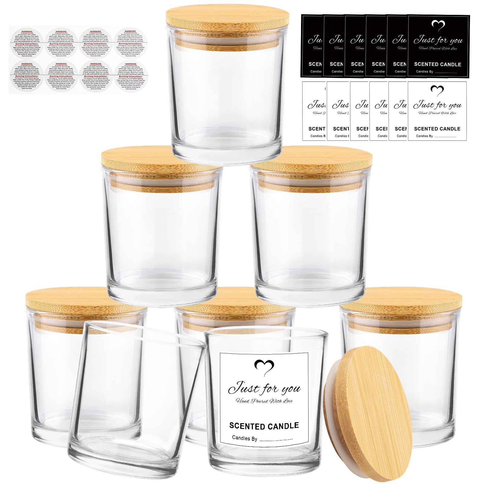 CONNOO 8 Pack 14 OZ Clear Glass Candle Jars with Bamboo Lids for Making Candles, Large Size Empty Candle Tins with Sticky Labels - Leakproof & Dishwasher Safe.