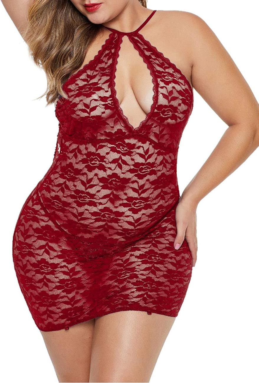 XAKALAKA Women's Halter Plus Size Lace Lingerie Keyhole Mesh Stretch Babydoll Chemise with Garters at  Women’s Clothing store
