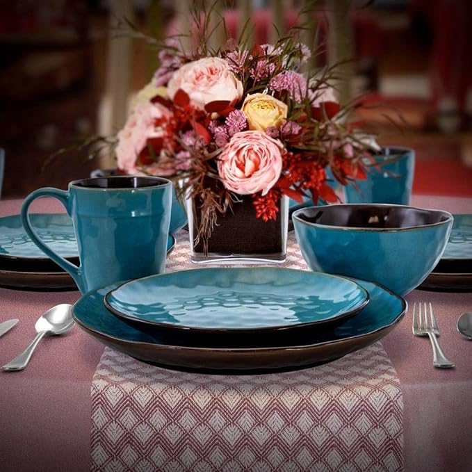 16 Piece Casual Textured Stoneware High End Turquoise