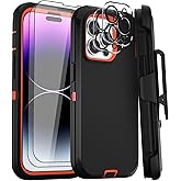 GYJ for iPhone 14 Pro Max Case 6.7" Belt-Clip Kickstand Holster with 2 Screen Protector + 2 Camera Lens Protector,Full Body Heavy Duty Military Grade Drop Protection Cover (Black Orange+Clip)