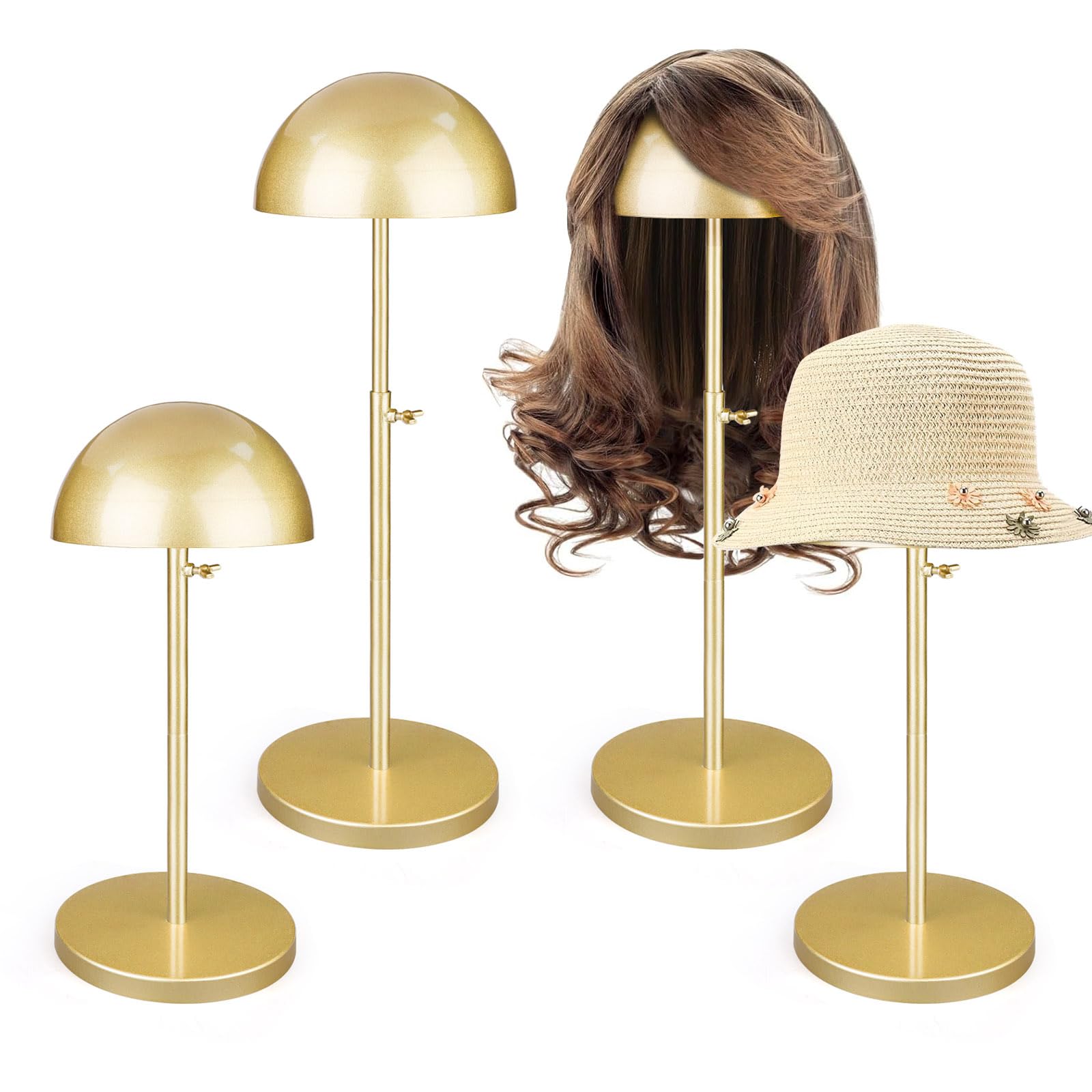 Lucxhcky 4PCS Hat Display Stand, Adjustable Hat Stands for Display 9.1-15.7 in, Hat Organizer for Closet, Metal Wig Holder for Hat Storage, Home Organization(Gold) (Gold)