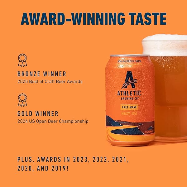 ATHLETIC BREWING COMPANY CRAFT NON ALCOHOLIC BEER, LOW CALORIE HAZY IPA, PAIR WITH SALAD, PIZZA, & DESSERTS, VEGAN HOPS BLEND WITH FLORAL & CITRUS NOTES, FREE WAVE, 12 PACK, 12 FL OZ CANS