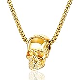 Fusamk Punk Rapper Stainless Steel Skull Head Pendant Necklace,22" Link Chain