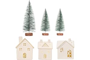 DN DECONATION 6PCS Christmas Village Houses Decorations Set, Light Up White & Gold Ceramic Houses and Frosted Christmas Trees