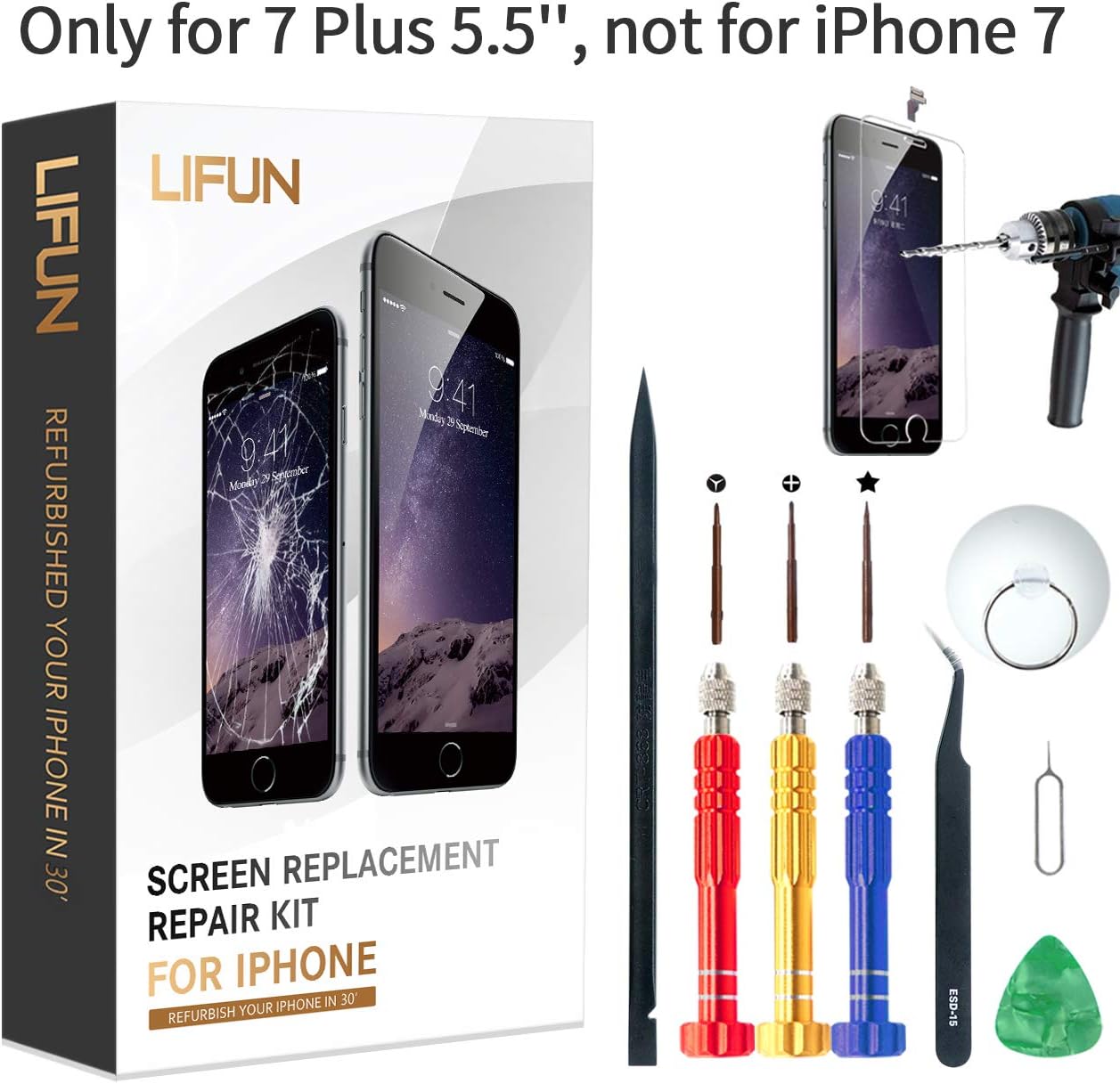 Screen Replacement Compatible with iPhone 7 Plus, in Black 5.5'' with Tools, Manual, Glass Protectors, LCD Repair Kit Display Full Front Touch Screen Digitizer Frame Assembly(Black)