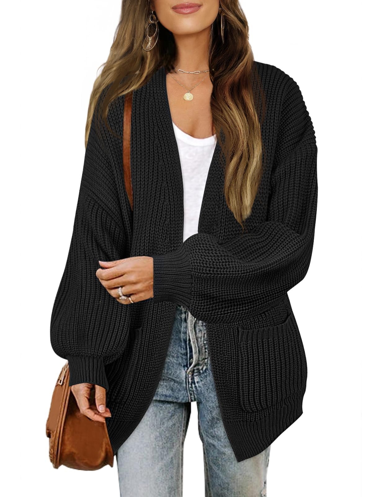 Photo 1 of MEROKEETY Women's Chunky Cardigan Sweaters 2025 Lantern Long Sleeve Oversized Knit Outerwear with Pockets, Black, M