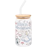 Silver Buffalo Disney Alice in Wonderland Glass Jar Tumbler with Bamboo Lid and Glass Straw, 16 Ounces