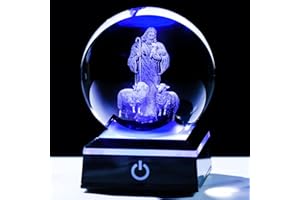 YWHL 80mm 3D Crystal Good Shepherd Statue Ball with Colorful Base Laser Engraved Jesus Figurine for Religious Gifts for Women Men on Christmas, Christian Catholic Church Keepsakes