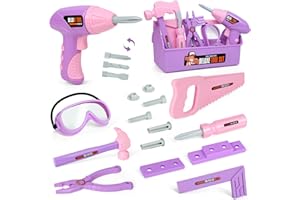 EP EXERCISE N PLAY Pink Purple Kids Tool Box Toy Construction Tools (18PCS) Hand Drills,Can be Used at Home,Outdoors,or at Gatherings with Friends Pretend Play Learning Gift for Kids 3 4 5 6 7 Years Old