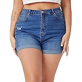 Tulucky Women Plus Size Jean Shorts High Waist Cute Distressed Ripped Folded Hem Denim Shorts