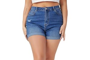 Tulucky Women Plus Size Jean Shorts High Waist Cute Distressed Ripped Folded Hem Denim Shorts