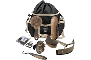 Harrison Howard Horse Grooming Brushes Kit 7 pieces with Organizer Tote Equine Care Series Horse Brush Sets Brown