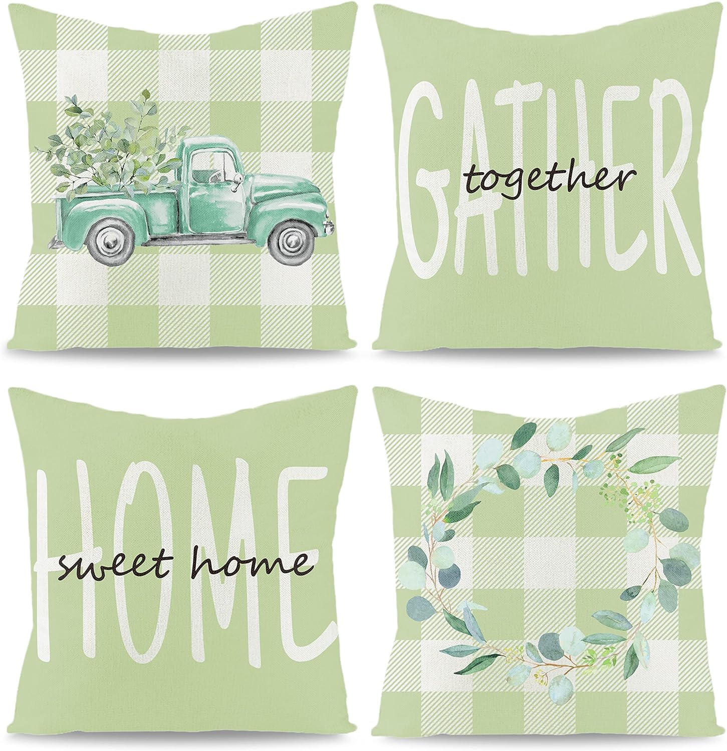 BAOKU Decorative Cushion Cover, 45 x 45 cm Set of 4 Green and white checkered Pattern Linen Pillowcase 18 x 18 inches for Sofa Couch Bed Home Garden Outdoor Spring Decor