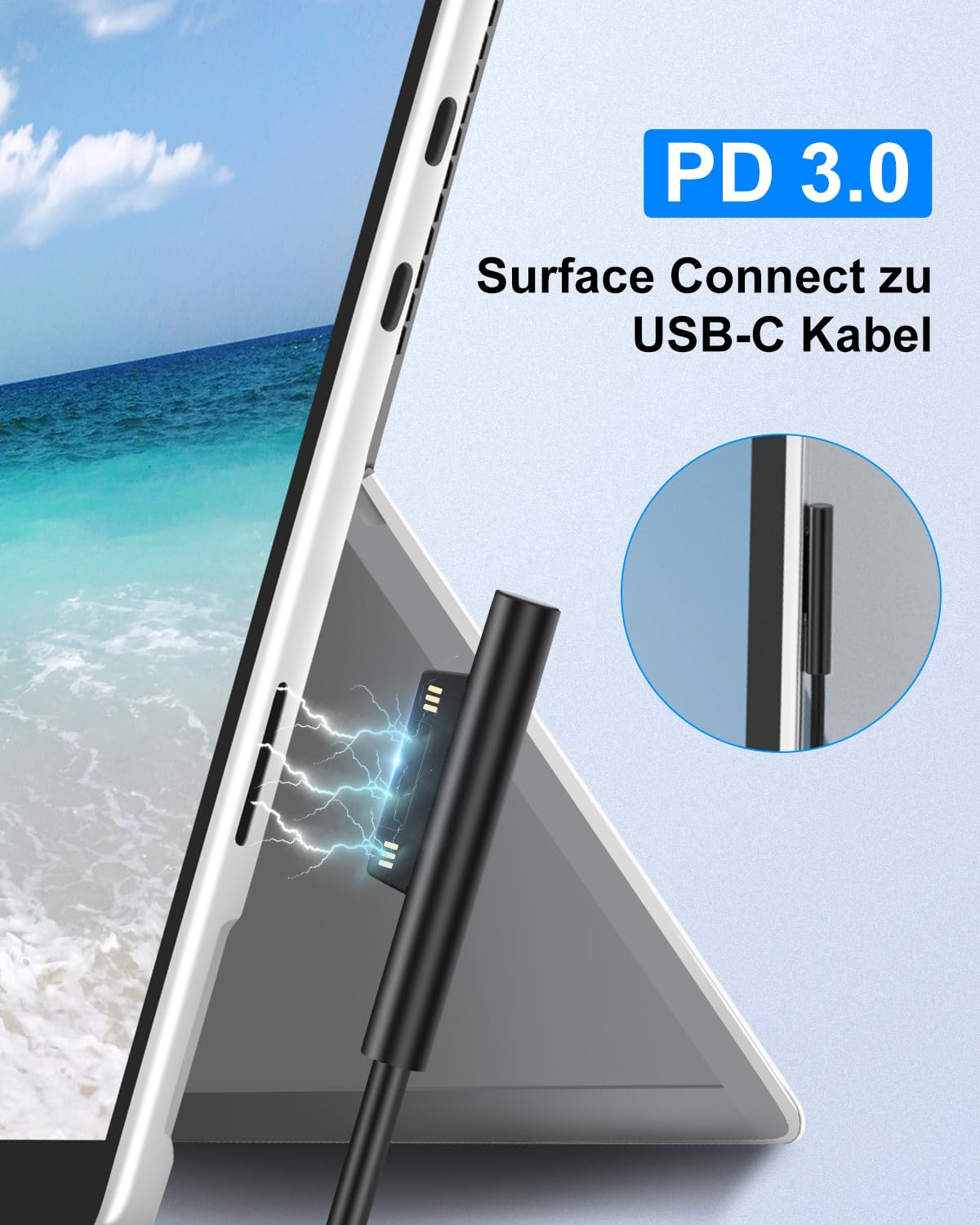 65W Surface ladekabel mit GaN Schnellladegerät für Microsoft Surface, Dual-Ports (USB-C & USB-A), Kompatibel mit Surface Pro 3-11/X, Book, Go, Surface Laptop Studio, Inkl.1,5m Surface ladekabel 3