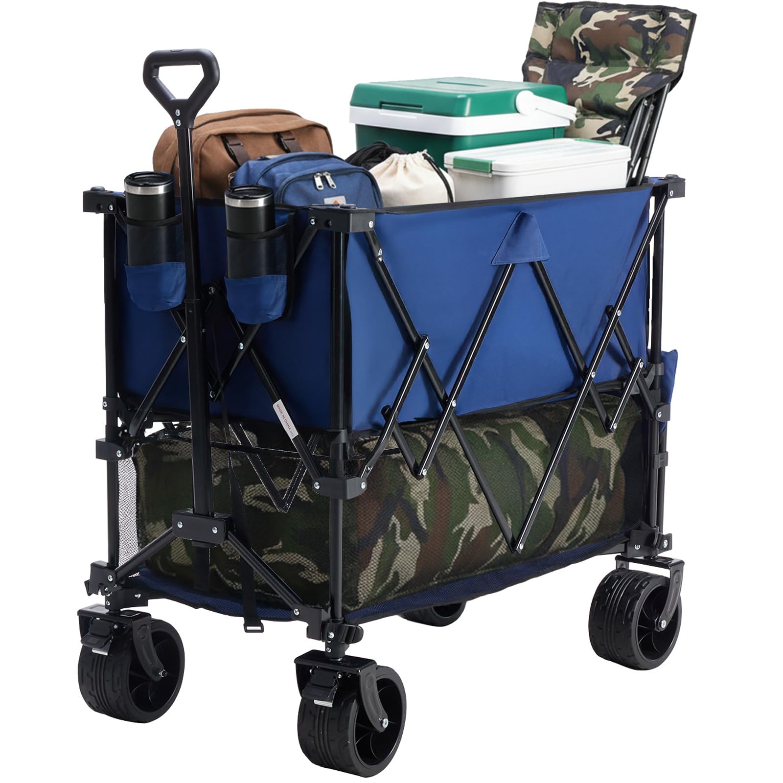 DUMOS Wagons Cart, Double Decker 440 lbs Large Capacity Folding Wagon with Brakes, Flexible Handle, All-Terrain Big Wheels for Grocery Sports Garden Camping - Blue Image