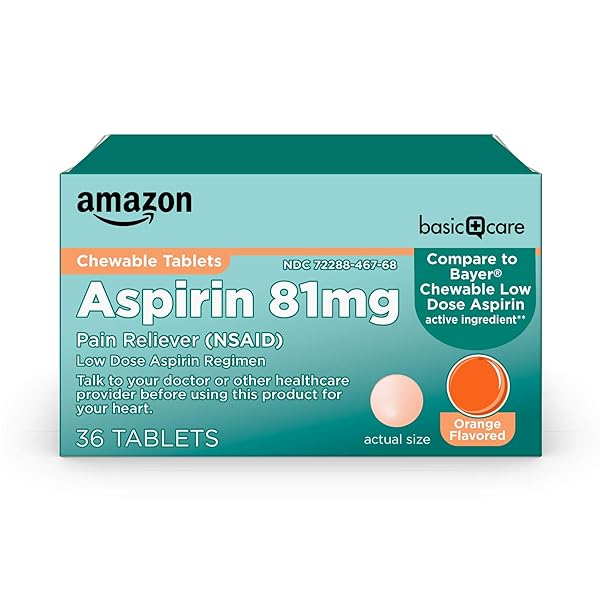 AMAZON BASIC CARE LOW DOSE CHEWABLE ASPIRIN 81 MG TABLETS, PAIN RELIEVER, ORANGE FLAVOR, 36 COUNT