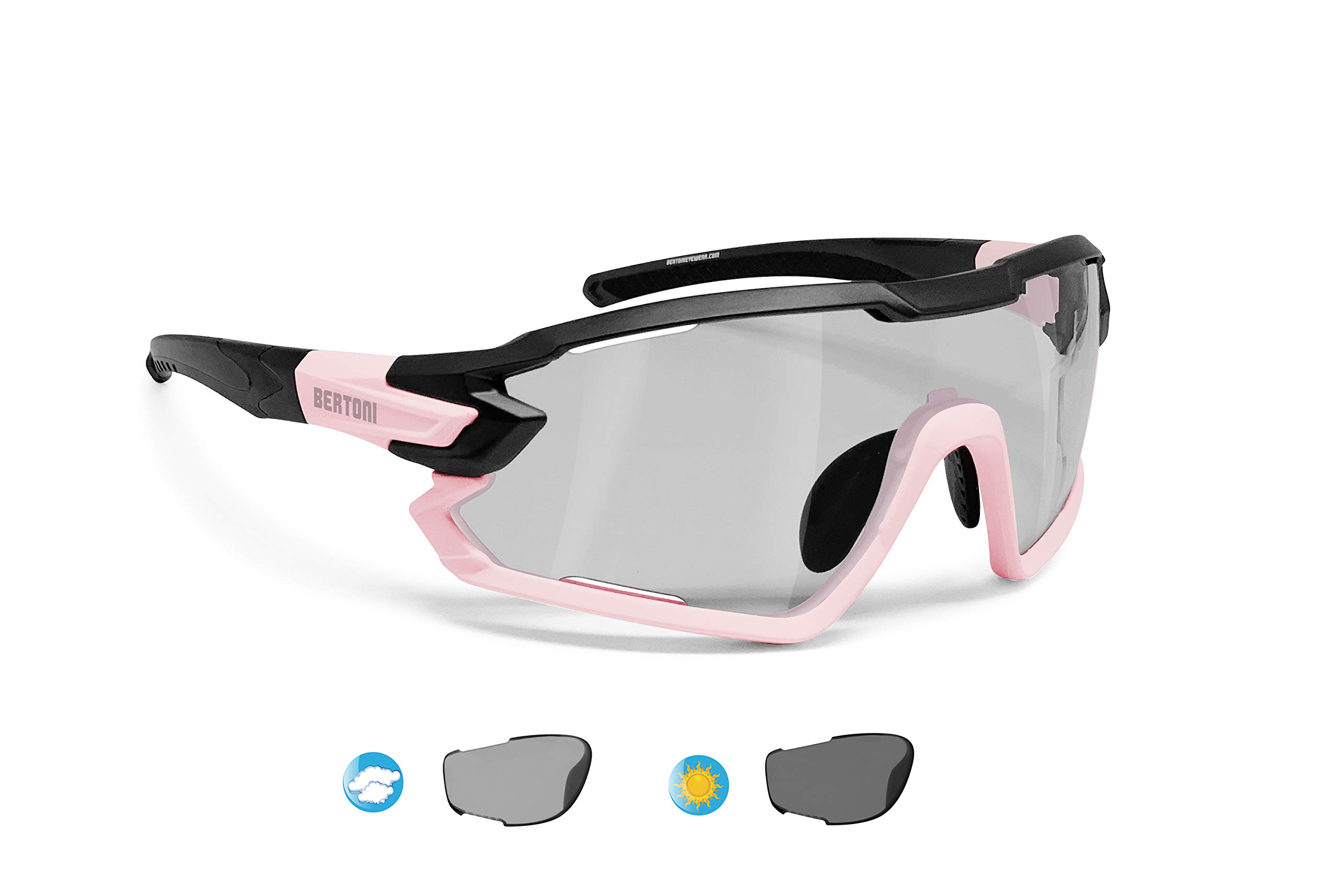 BERTONI Sport Sunglasses Cycling MTB Running Ski Golf Polarized Photochromic with Optical Carrier mod. QUASAR (Black-Pink/Photochromic Polarized)