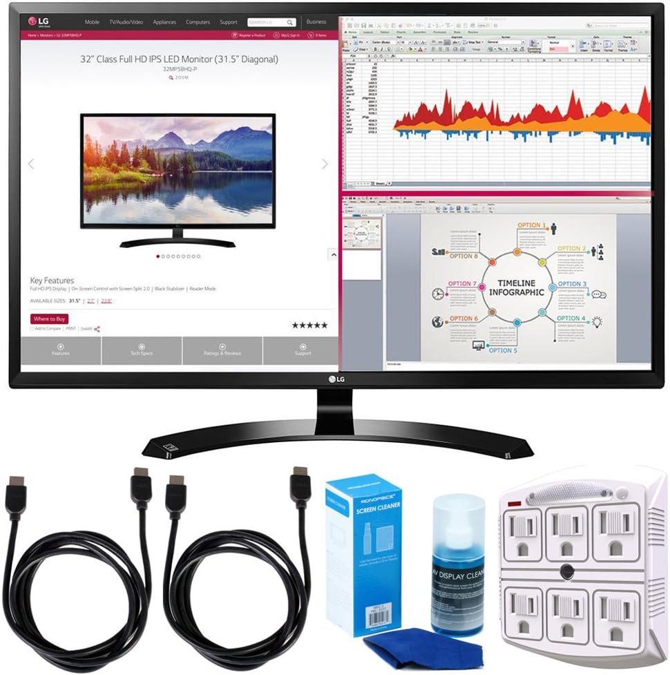 LG 32MA68HY-P 32-Inch IPS Monitor with Display Port and HDMI Inputs Bundle with 2X 6ft HDMI Cable, SurgePro 6-Outlet Surge Adapter with Night Light and Screen Cleaner for LED TVs