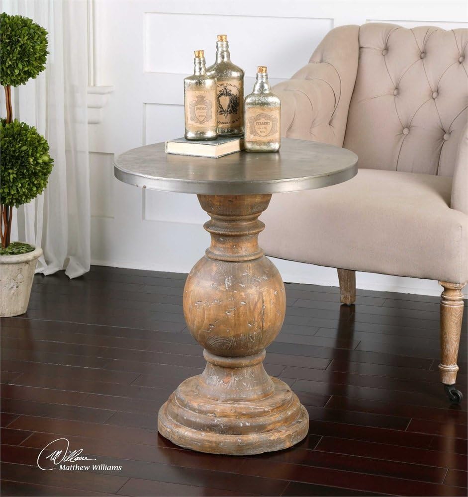 MY SWANKY HOME Round Column Oak Wood Pedestal Table | Contemporary Silver Top Transitional: Kitchen & Dining