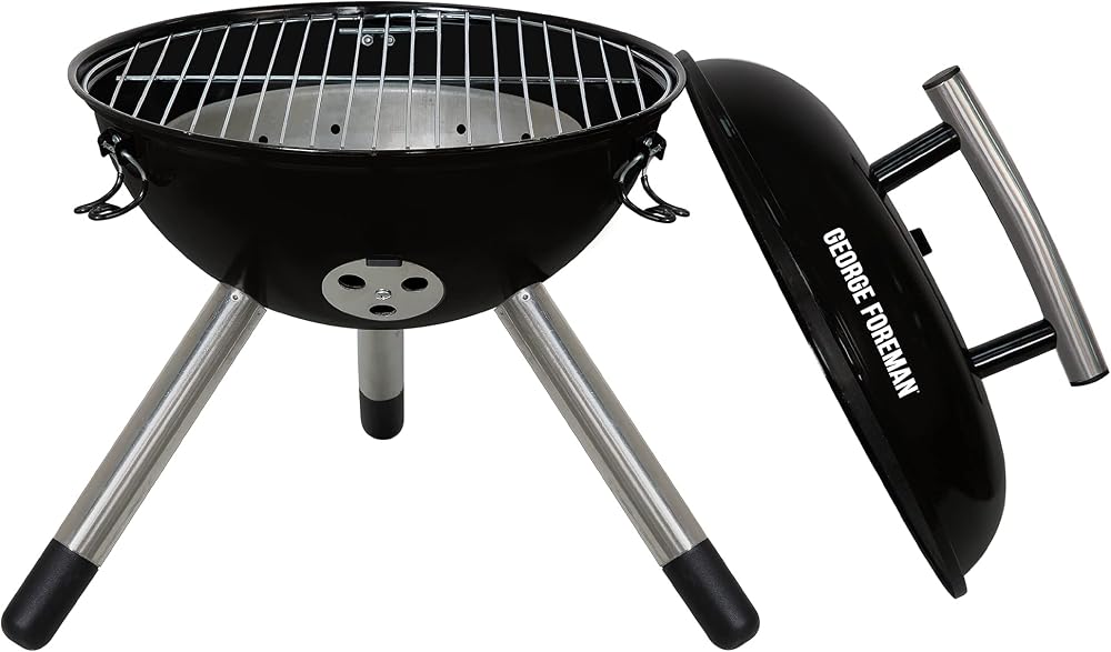 George Foreman Portable Charcoal BBQ 34cm Chrome Grill Adjustable Vent