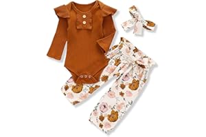 Bellcoco Baby Girls Clothes Newborn Ribbed Ruffled Romper Floral Bell Bottom Flare Pants Headband Infant 3 PCS Outfit Set