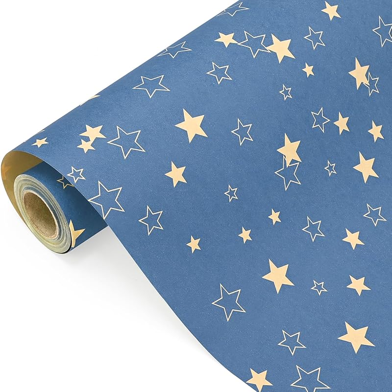 Topeedy 60cm x 15m Large Kraft Paper Roll With Star Blue Gift Wrapping