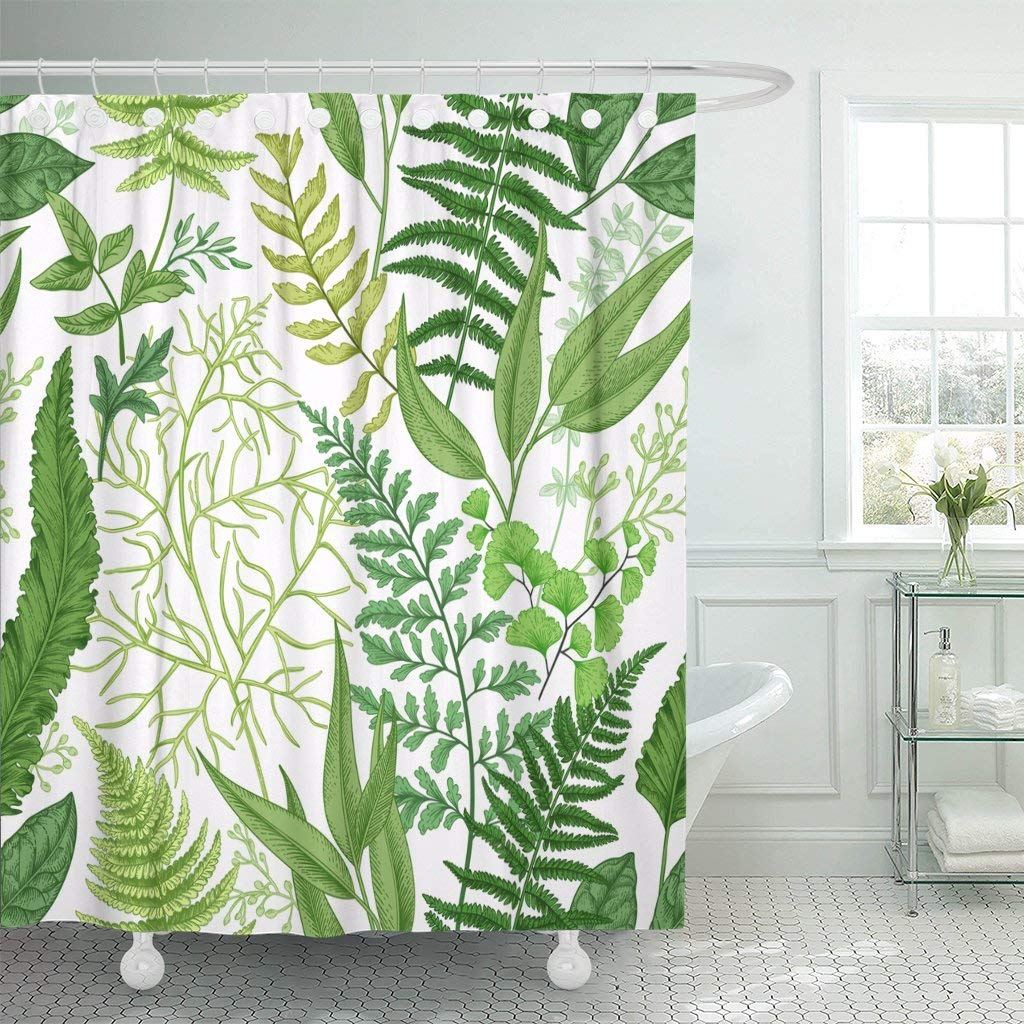 JOOCAR Design Shower Curtain, Pattern Spring Leafy Green Vintage Floral Different Ferns Botanical, Waterproof Cloth Fabric Bathroom Decor Set with Hooks