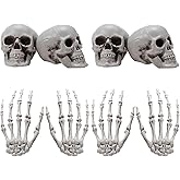 Sumind 8 Pcs Halloween Skeleton Hands, Plastic Skull Heads | Realistic Bone Structure, 4 Plastic Hands 4 Skulls, Haunted House Yard Party Decor, Lifelike Spooky Halloween Props