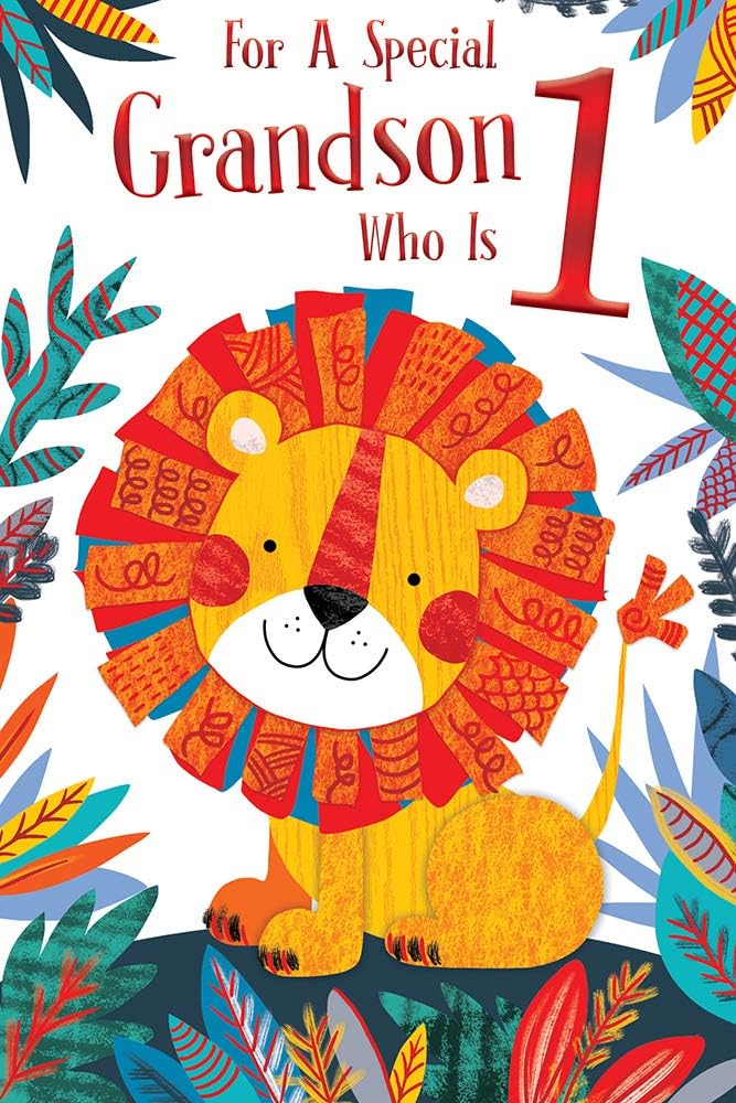 Special Grandson 1st Age 1 Today Cute Lion Happy Birthday Card Lovely Verse, Multicolor, 15.2cm x 22.8cm