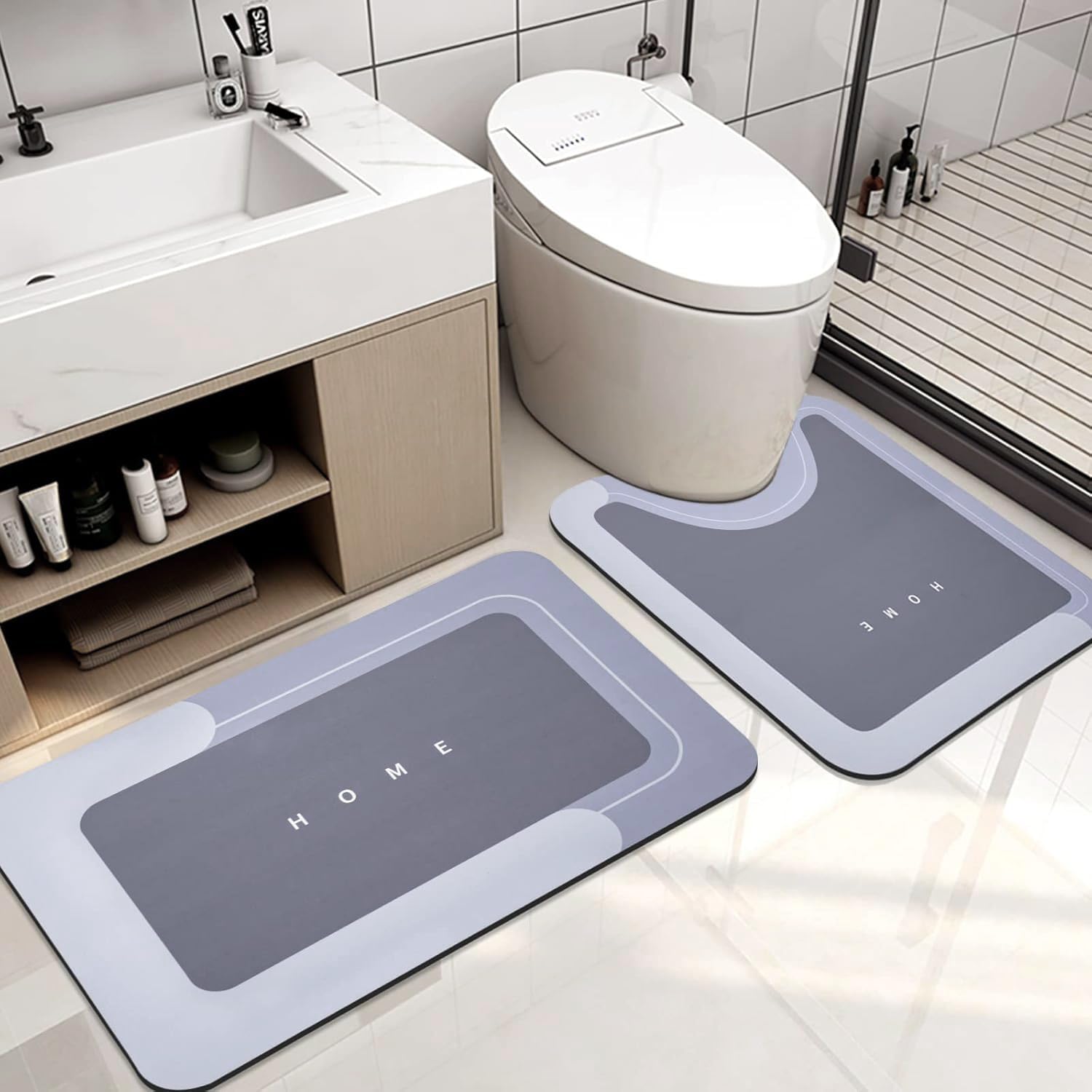 Bingobang 2 PCS Absorbent Bath Mat Set Non Slip Anti Mould, Diatom Mud Bathroom Shower Mat, Washable Quick-Dry 4 Layer Thickened Toilet Floor Rug (Blue Combination, 45 x 75 cm + 45 x 60 cm) — image 1