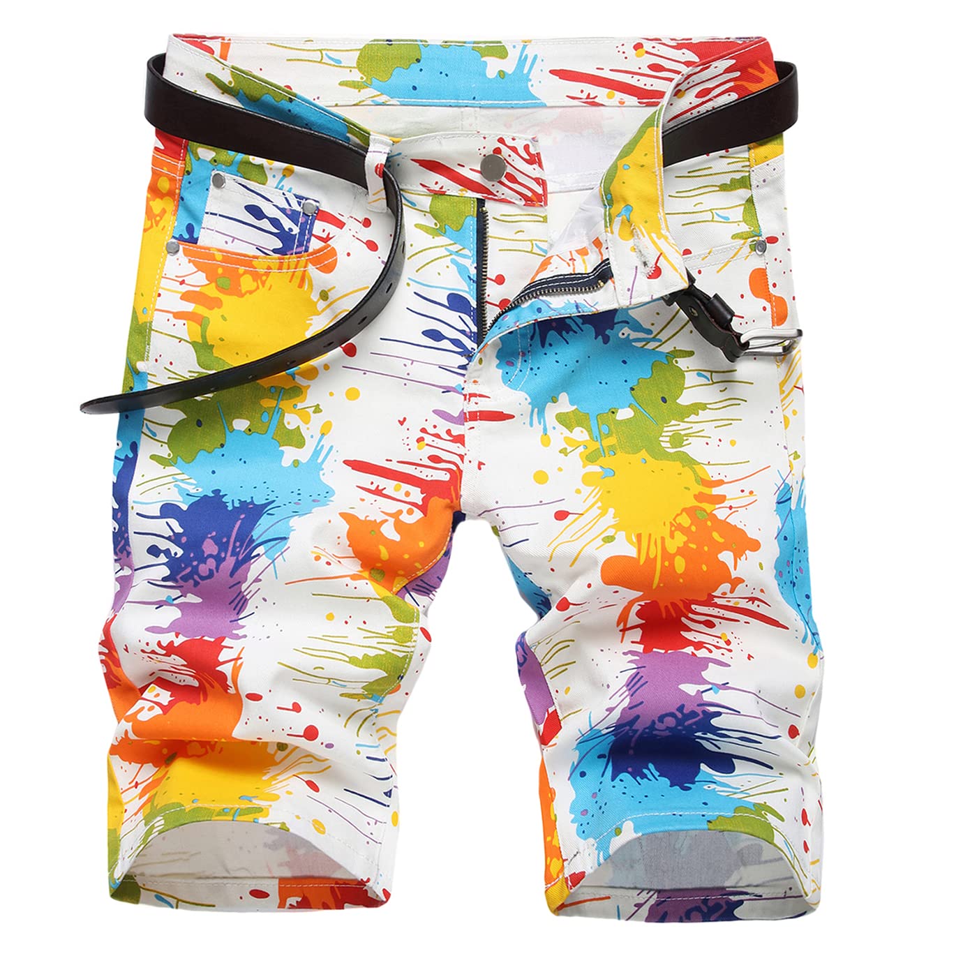 Baylvn Men's Casual Ripped Printed Denim Shorts Slim Fit Summer Beach Jeans Shorts