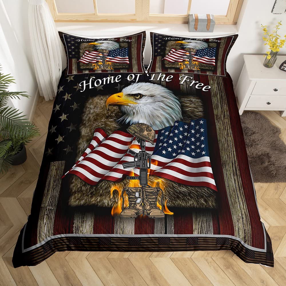 Eagle Comforter Cover Eagle Fur American Flag Gun Fire Bedding Set Wooden Style Duvet Cover for Children Kids Boys Girls Microfiber Bedspread Cover Double Size