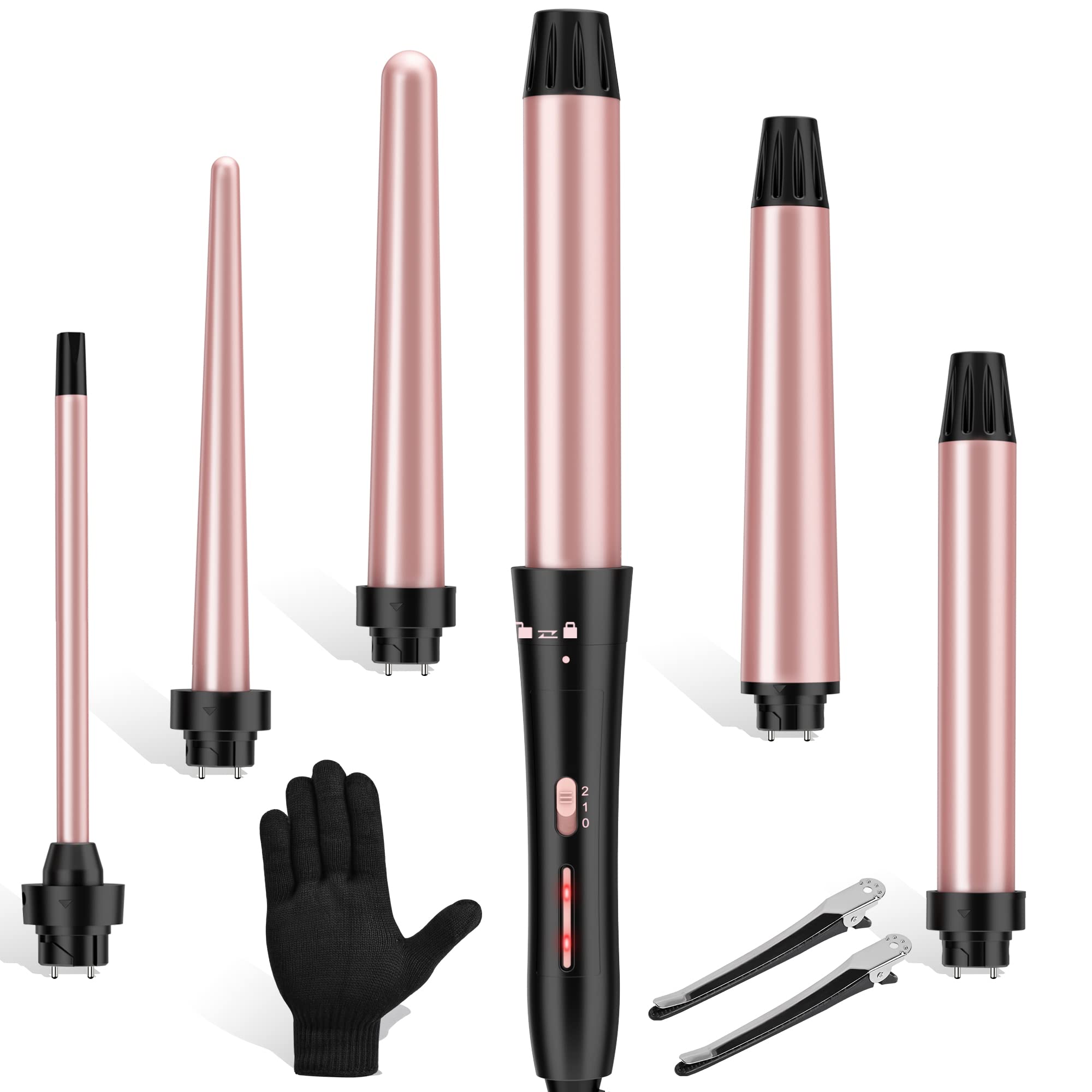 Curling Iron Set, USHOW 6 in 1 Curling Wand Set Hair Iron Kit Instant Heat Up Hair Curler with 6 Interchangeable Tourmaline Ceramic Barrels (0.35'' to 1.25'') Temperature Adjustments, with Gloves