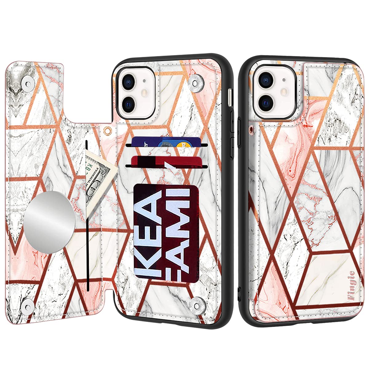Fingic for iPhone 11 Case [With Makeup Mirror 3 Card Holder] Marble PU Leather Flip Folio Magnetic Closure Antiscratch Full Protective Cover with Wrist Strap,iPhone 11 Wallet Case for Women,6.1'',2019