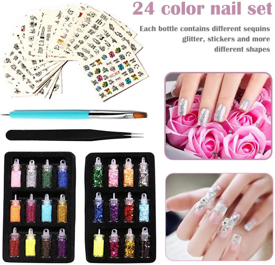 finessci Glitter Powder Sequins, Nail Sequins Colorful Glitter Powder, Manicure Nail Art Decals with Brush Tweezers, Decorations DIY Decals: Home & Kitchen