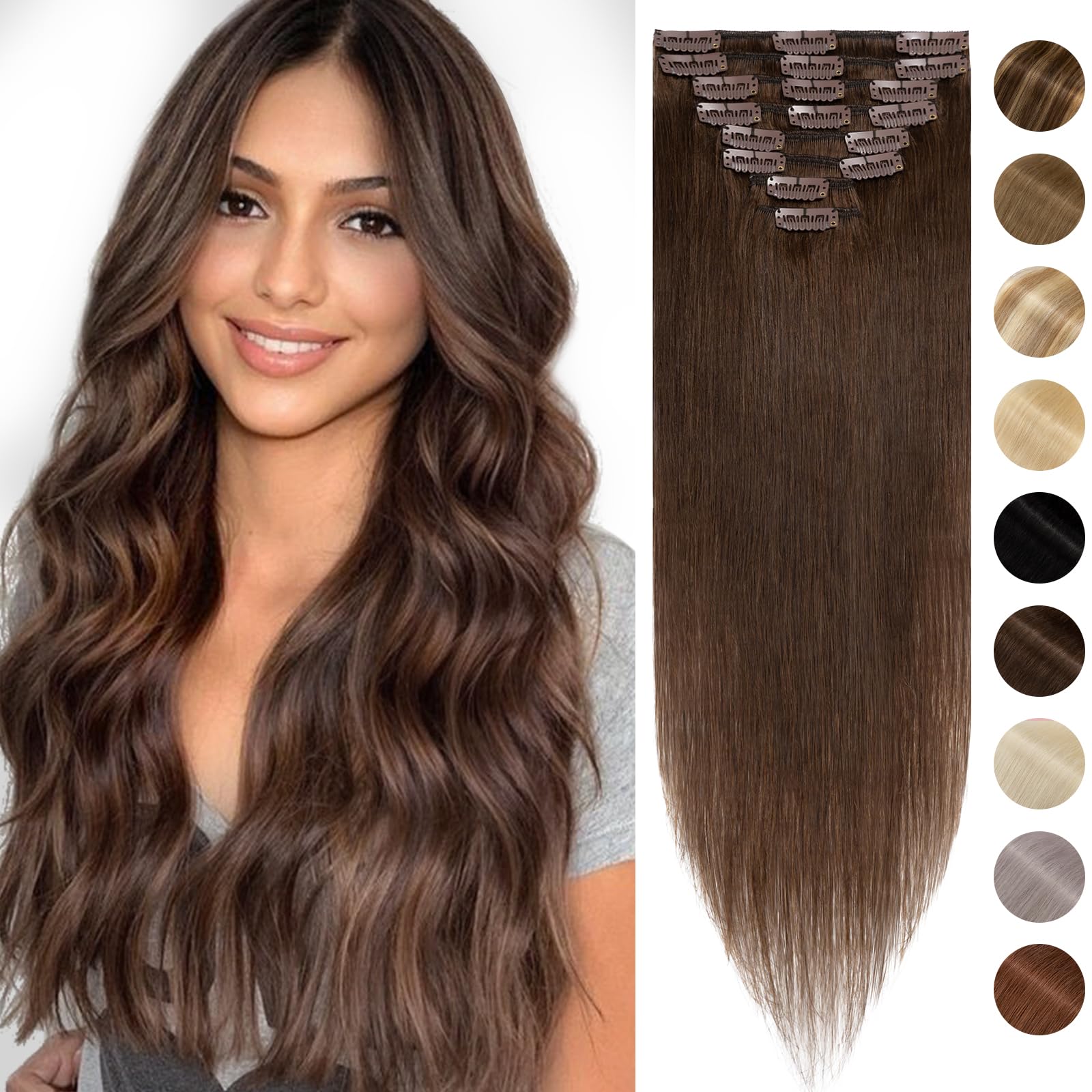 Silk-co 10inch Hair Extensions Clip in Hair Extension Human Hair #04 Medium Brown -Basic Thickness-Thin Weft- 8 Pieces Real Remy Straight Hair Extensions[50g]