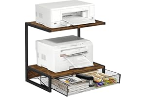 ELITEROO 2-Tier Desktop Printer Stand with Storage Drawer, Wooden Printer Stand for Desk, Small Printer Table with Shelf for Home Office, Fits Fax Machine, Scanner, 3D Printer, Rustic Brown