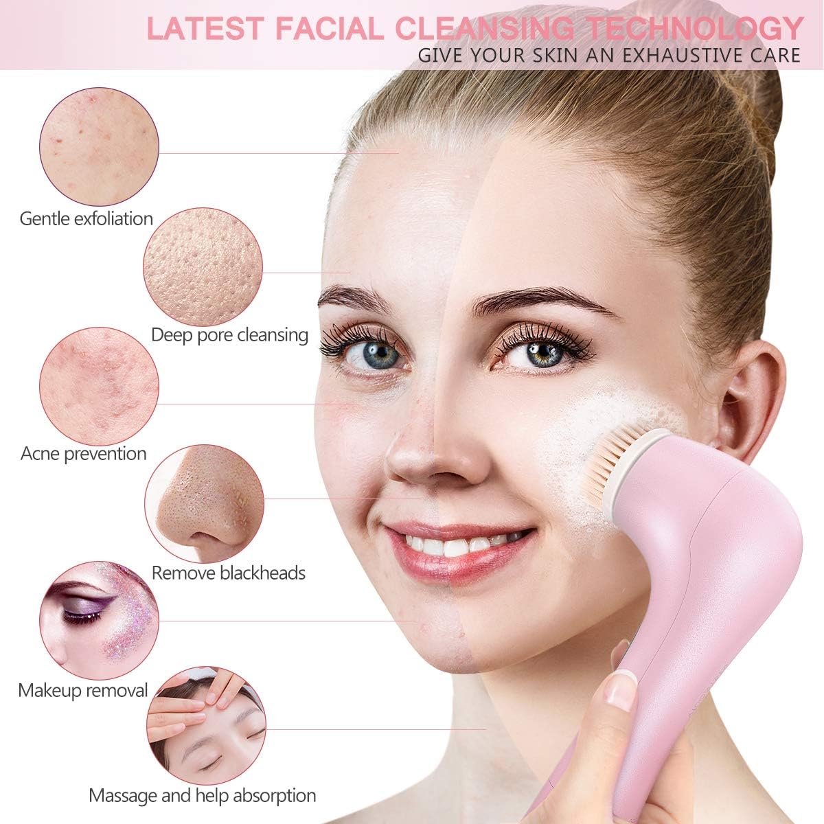 Facial Cleansing Brush, Waterproof Face Brush Skin Cleansing Scrub with 7 Heads, ETEREAUTY Spin Brush for Deep Cleansing Exfoliation, Facial Cleanser Brush for Massaging, Skin Exfoliation (Pink): Health & Personal Care
