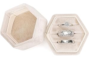 WantGor Velvet Jewelry Ring Box, 3 Slots Hexagon Ring Gift Box Vintage Ring Display Holder Case for Wedding Ceremony Proposal Engagement (Beige, 3 Slots)