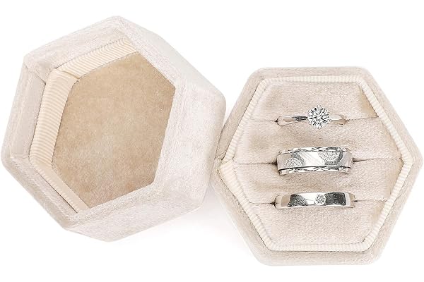 WantGor Velvet Jewelry Ring Box, 3 Slots Hexagon Ring Gift Box Vintage Ring Display Holder Case for Wedding Ceremony Proposal