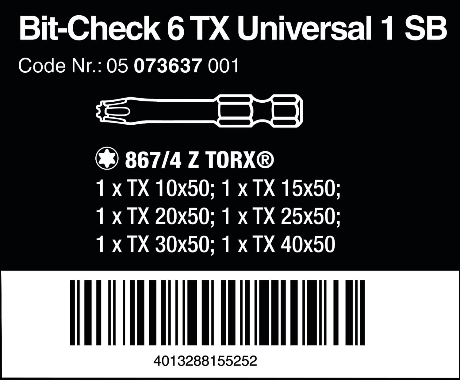 Wera 05073637001 Mini-Check SB Set Torsion Extra-Tough 50 mm Direct Drive Torx TX10-40, 6pc, White, Bit-Check 6 - Image 3