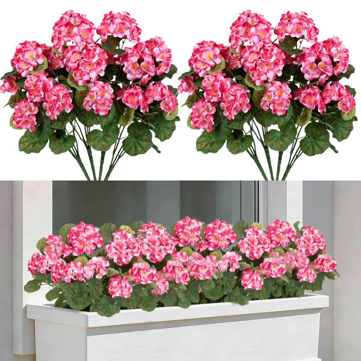Laelfe 4 Bundles Artificial Pink Geraniums for Outdoors, UV Resistant Fake Geraniums Flowers Faux Silk Geranium Plants for Outside Indoor Home Balcony Window Boxes Garden Decorations