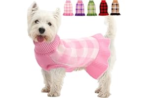 KAMA BRIDAL Dog Sweater Dress Plaid Knitwear for Small Medium Dogs Warm Puppy Pet Turtleneck Stretch Pullover Cute Fall Winter Vest Clothes with Leash Hole for Christmas (Pink, M)