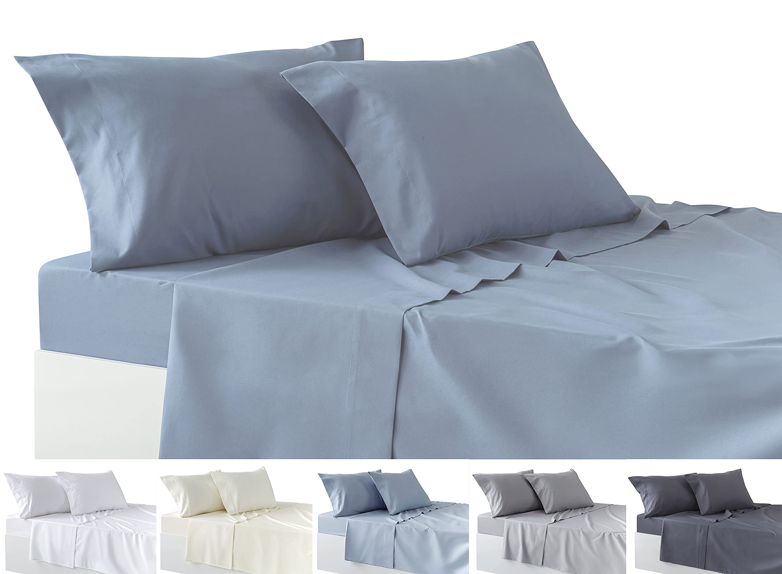 Todocama 4-Piece Bedding Set – Fitted Sheet – Top Sheet – Two Pillowcases 50 x 80 cm (Bed 200-200 x 190/200 cm, Grey Blue)