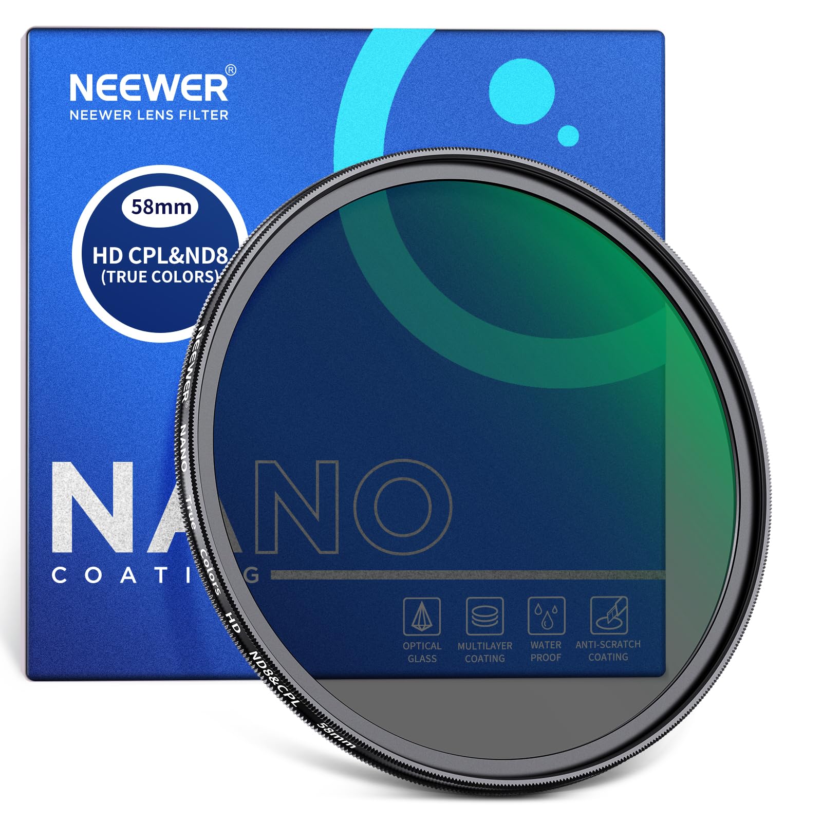 NEEWER 58mm True Colors CPL with ND8 Filter 2 in 1, 3 Stops ND Filter & Circular Polarizing Filter Combined with Multi Nano Coated HD Optical Glass, Water Repellent/Scratch Resistant