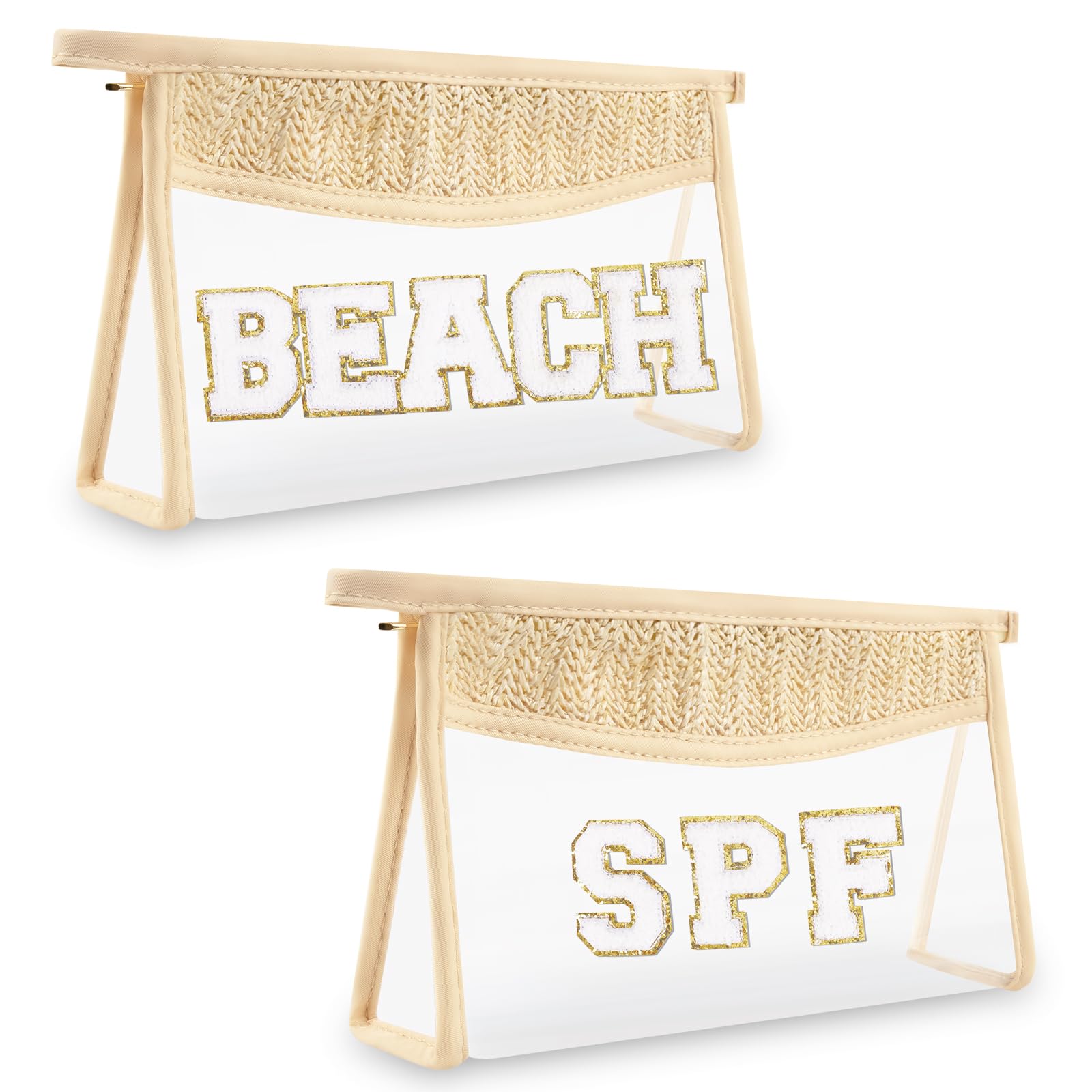 Photo 1 of 2 Pcs Boho Straw Clear Makeup Letter Pouch, Sunscreen SPF Bag Pouch, Waterproof Beach Toiletry Bag Accessories for Women